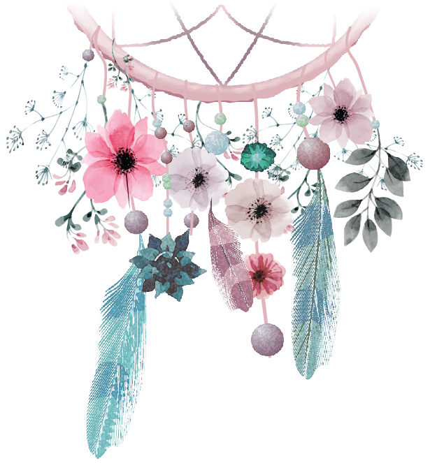Bottom half of a boho dreamcatcher with flowers and feathers